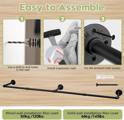 Industrial Pipe Clothing Rack, 66.1" Wall Mounted Clothes Rack Set of 2 - Image 6
