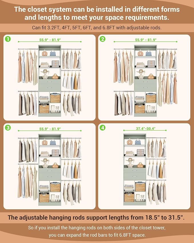 Small Closet System, 3.2-6.8FT Small Closet Organizer - Image 4