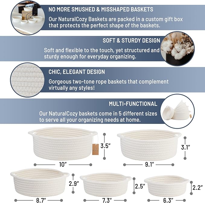 5-Piece Round Woven Cotton Rope Storage Baskets - Image 2
