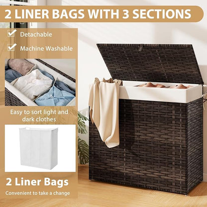 Giantex Laundry Hamper w/Wheels, 3 Section Hamper 125L w/2 Removable Liner Bags - Image 7