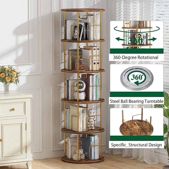 5Tier Rotating Bookshelf, 360 ° Display Stackable Spinning Bookshelf Tower - Image 4