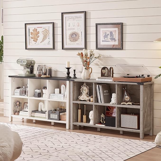 Farmhouse 6 Cube Bookshelf, Antique White & Black Wooden Storage Organizer Book - Image 6