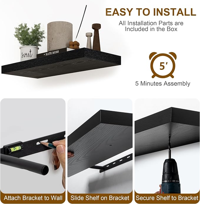 Fun Memories Black Floating Shelves 36 Inch Long, 8 Inch Deep Floating Shelf - Image 8