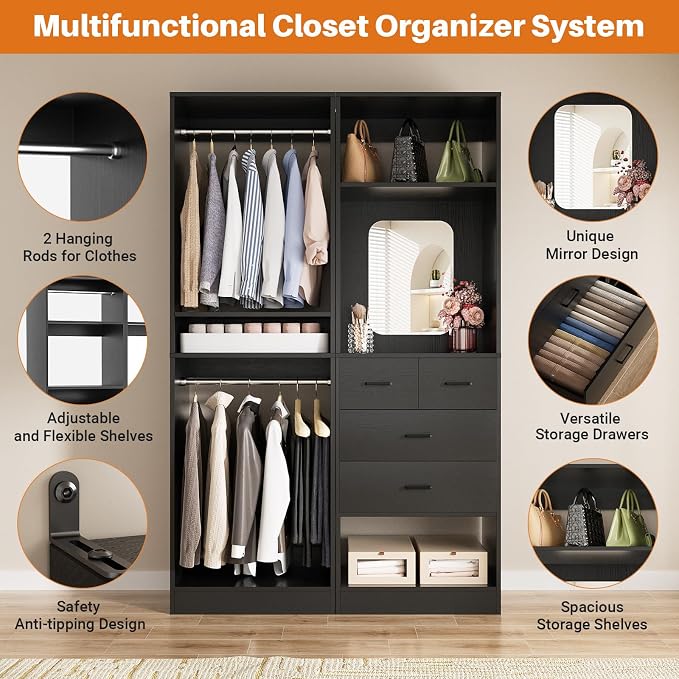 Unikito 50” Closet System with 4 Drawers, 4.2FT Wood Closet Organizer with - Image 2