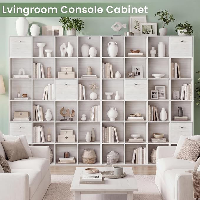 Large 24 Cube Storage Bookshelf, Washed White Wood Bookcase - Image 4
