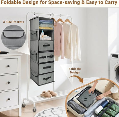 6-Tier Hanging Shelves with 5 Drawers & 3 Side Pocket, Durable Fabric Hanging - Image 6