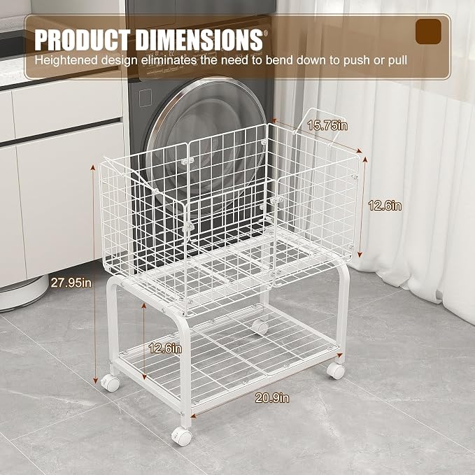 2-Tier Rolling Laundry Basket Cart - Image 3