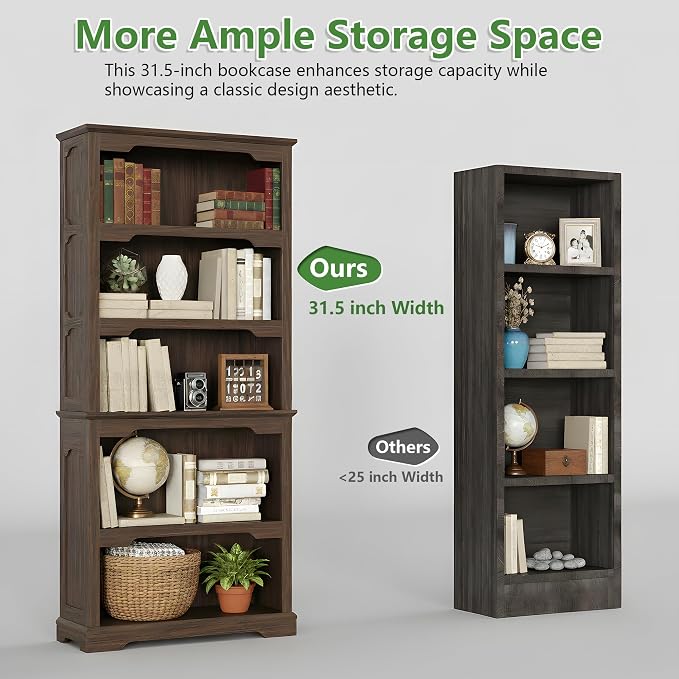 70 Inch Farmhouse Bookcase, Walnut Two-Tone Shelves, 5 Tier Bookshelf - Image 3