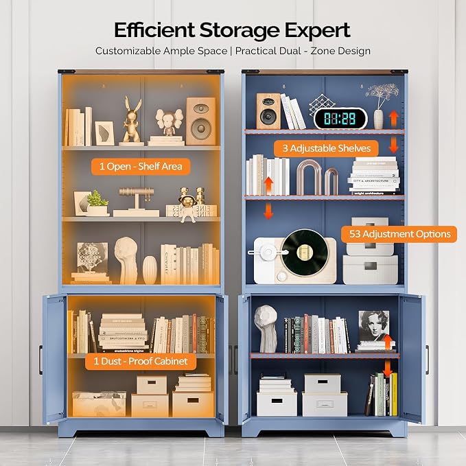 VINGLI Blue Bookcase with Doors and Adjustable Shelves, Steel 70" Tall - Image 7