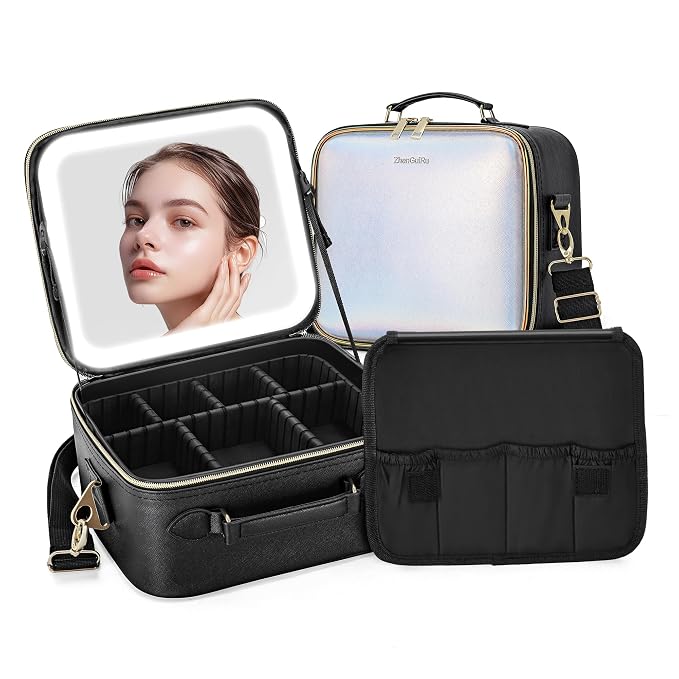 Travel Makeup Bag with Light Up Mirror, Cosmetic Artist Organizer Case with LED by ZhenGuiRu