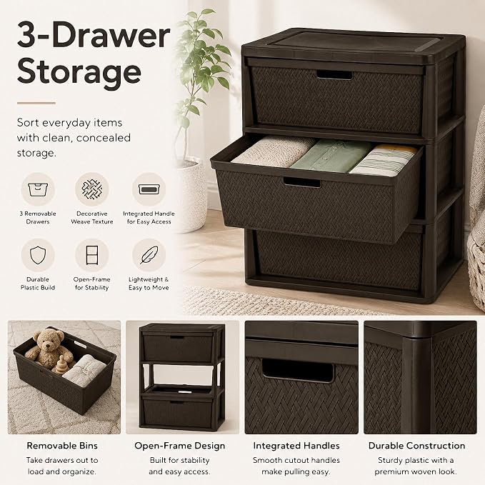3 Drawer Storage Organizer, Plastic Drawer Organizer Tower, Closet Storage - Image 4