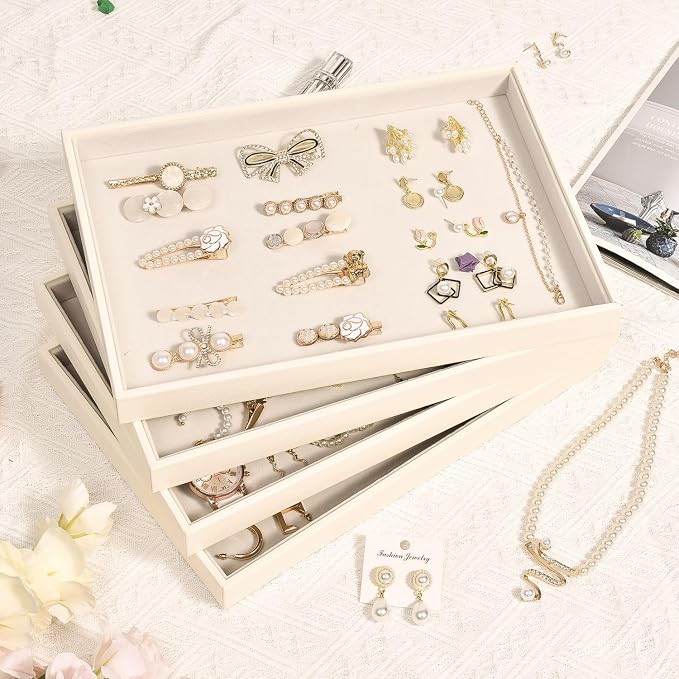 Beige Velvet Jewelry Trays for Drawers Black Jewelrys Display Tray Stackable - Image 3