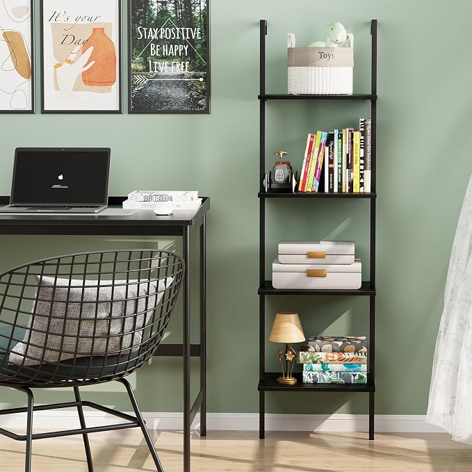 Ladder Shelf 4 Tiers Metal Industrial Bookshelf, Wall Mount Wide Book Case - Image 8