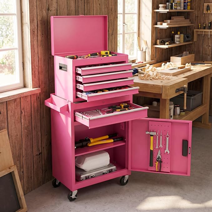 Goplus Pink Tool Chest, 5 Drawers Rolling Tool Cabinet w/Detachable Top Toolbox - Image 2