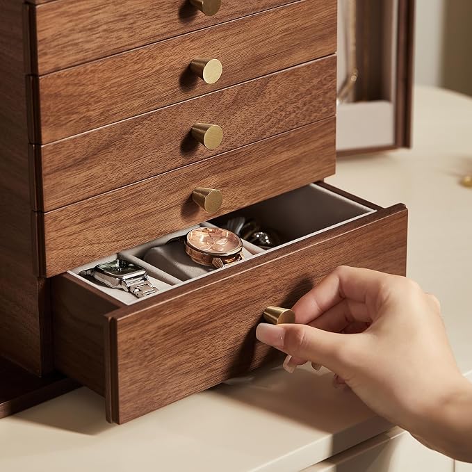 CHOSIN Black Walnut Wooden Jewelry Box, 6-Layer Lockable Wood Jewelry Organizer - Image 6