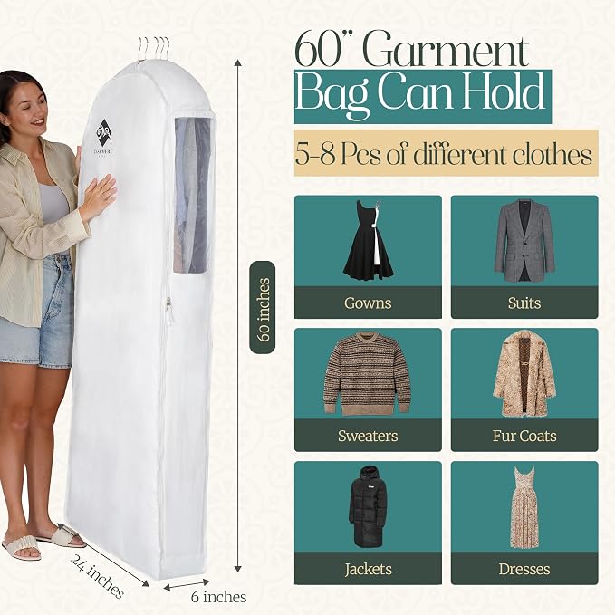 Premium 60” Cotton Garment Bag For Hanging Clothes And Storage | Wide 6” Gusset - Image 3