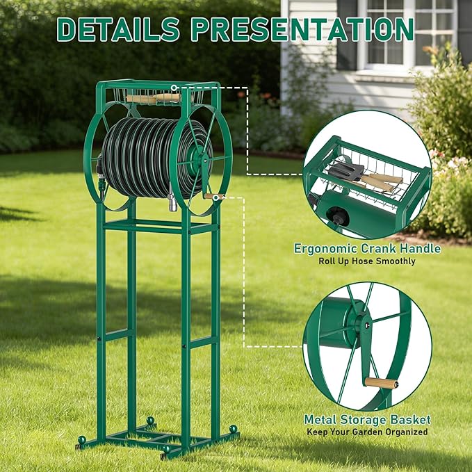 Garden Hose Reel Stand with Storage Rack - 125ft 5/8" Water Hose Organizer - Image 7