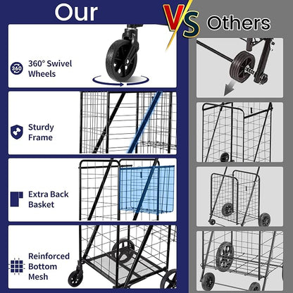 BIEAMA Folding Shopping Cart, 450 Lb Capacity Grocery Cart, Extra Large | Heavy - Image 2
