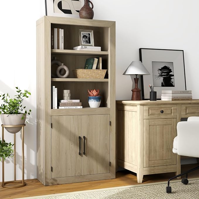 Standard Bookcase with Doors, Bookshelves Floor Standing 5 Tier Adjustable - Image 2