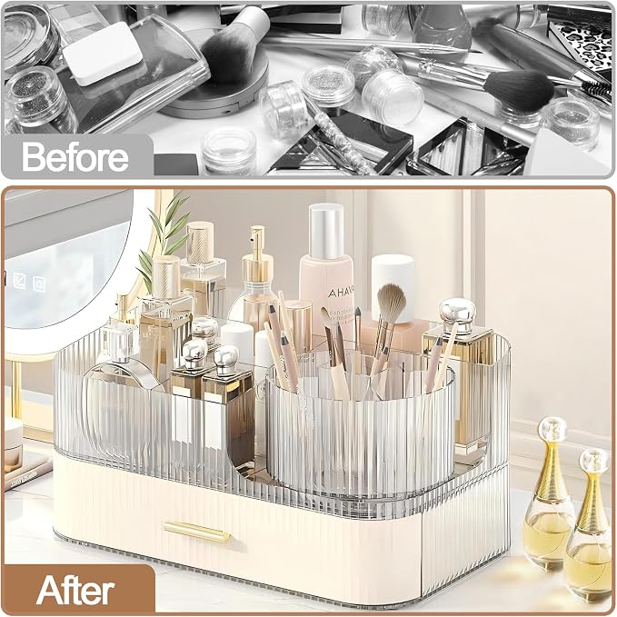DASITON Makeup Organizer with Drawers and Rotating Makeup Brush Holder - Image 4