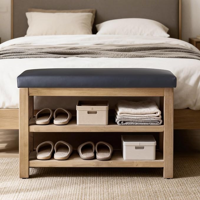 Zihanhome Shoe Rack Bench with Leather Cushion, 2 Tier Solid Wood Storage Bench - Image 3