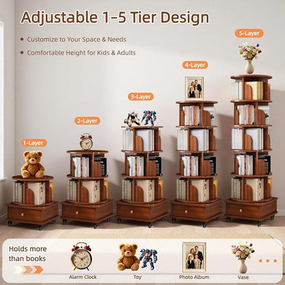 6-Tier Rotating Bookshelf with Storage Cabinet, Walnut Brown | Wood Construction - Image 7