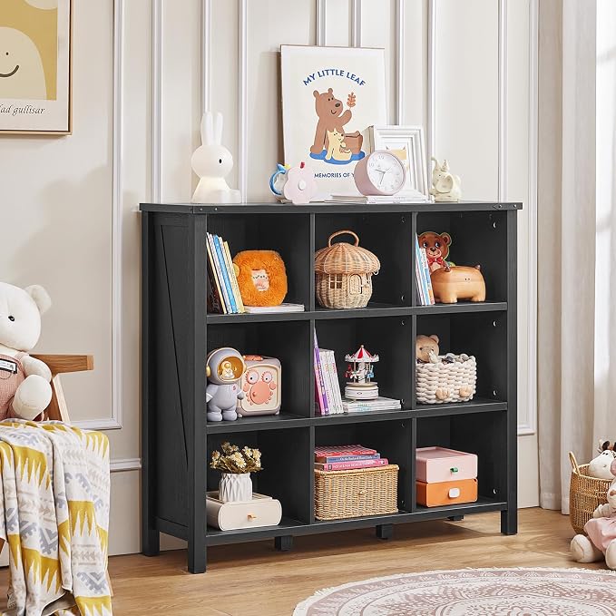 9 Cube Bookcase, Farmhouse 47 Inch Wide Black Bookshelf, Wooden 3 Tier Display - Image 9