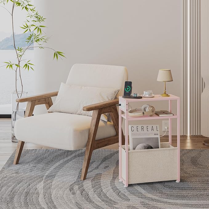 Pink Side Table with Charging Station, Slim End Tables with Linen Basket - Image 3