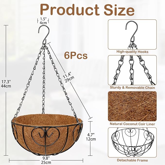 10 inch Metal Hanging Baskets for Plants Outdoor, 6 Pack Metal Wire Hanging - Image 3