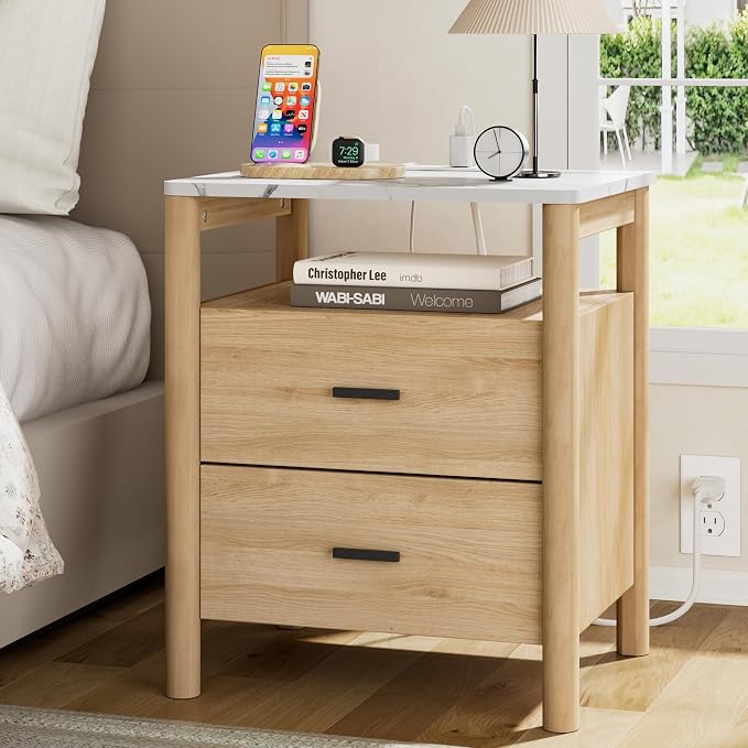 Night Stand with Charging Station, 2 Drawers End Table with Solid Round Post by FavourLife