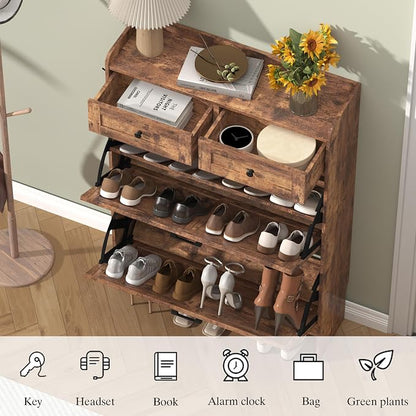 Thacuok Shoe Cabinet with 2 Flip Drawers & 2 Storage Drawers, Rustic Farmhouse - Image 5