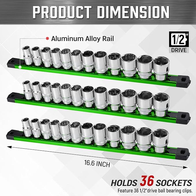 ALOANES 3-Piece Magnetic Socket Organizer, Heavy Duty Aluminum Socket Rails - Image 2
