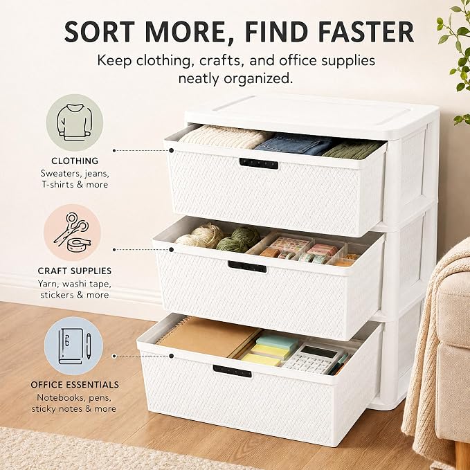 Wide 3-Drawer Plastic Storage Tower, Decorative Organizer Chest, BPA-free - Image 4