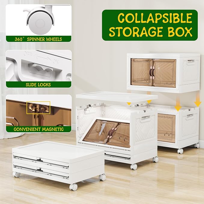 Storage Bins with Lids and Wheels, Collapsible Bathroom Storage Cabinet with - Image 3