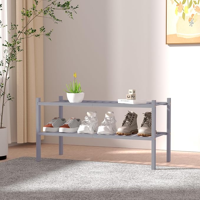 2 Tier Bamboo Shoe Rack for Closet Free Standing Wood Shoe Shelf for Entryway - Image 2