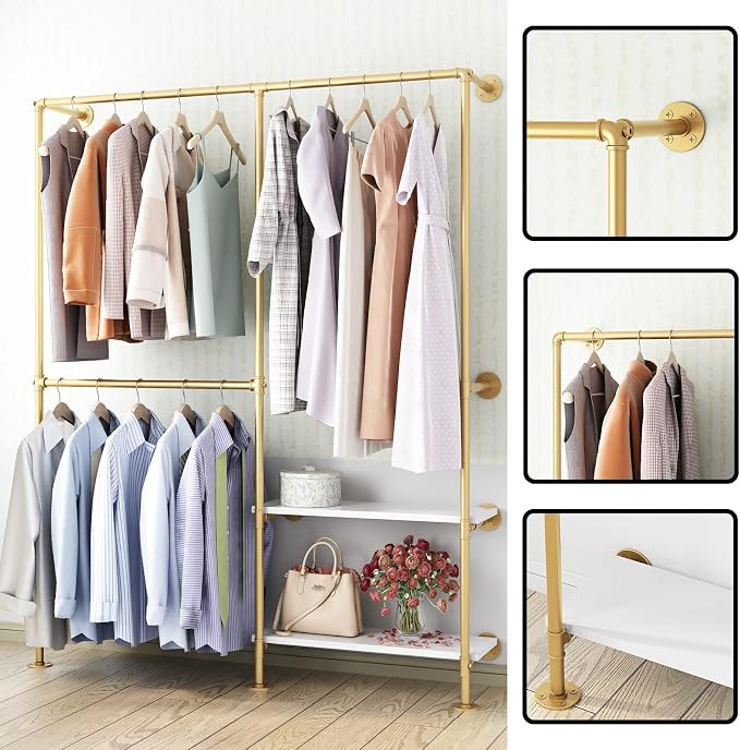 Gold Pipe Clothes Racks with White Shelves, Industrial Pipe Gold Clothing Rack - Image 4
