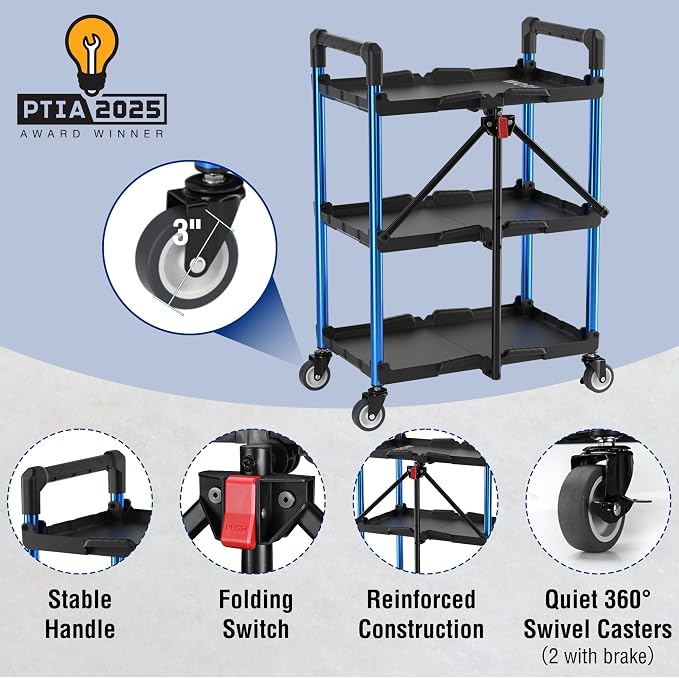WORKPRO 3-Tier Collapsible Service Cart, 210 LBS Foldable Utility Service Cart - Image 5