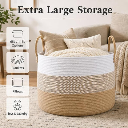 JMvicyroam 115L Extra Large Machine Washable Cotton Rope Blanket Basket | - Image 2