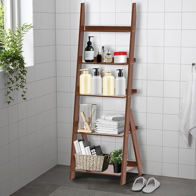 DOUSY-5-Tier Ladder Shelf Bookcase, Bamboo Ladder Bookshelf Leaning Book Shelf - Image 8