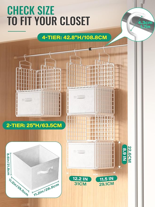Hanging Closet Organizer with Drawers, 4 Tier Metal Closet Organizers and - Image 2