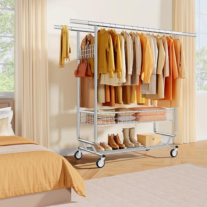 Heavy Duty Clothes Rack with Metal Basket, 720 LBS Rolling Double Rod Garment - Image 7