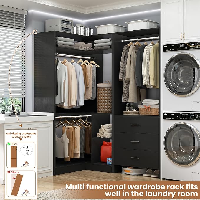 Aheaplus Closet System with 3 Drawers, 2 Hanging Rods & Corner Tower, Corner - Image 2