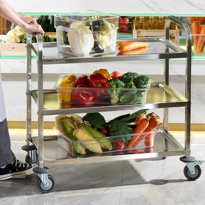 CURTA Stainless Steel Serving Trolley, Rolling Casters Brake Wheel, Commercial - Image 3