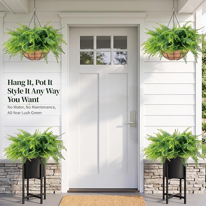 Fake Hanging Plants Fern Baskets, Artificial Ferns - Image 2