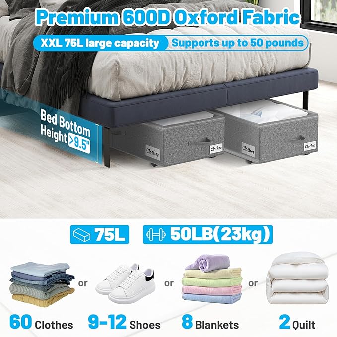 Under Bed Storage with Wheels, Quick Assembly Underbed Shoe Storage Containers - Image 2