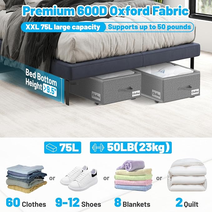 Under Bed Storage with Wheels, Quick Assembly Underbed Shoe Storage Containers - Image 2