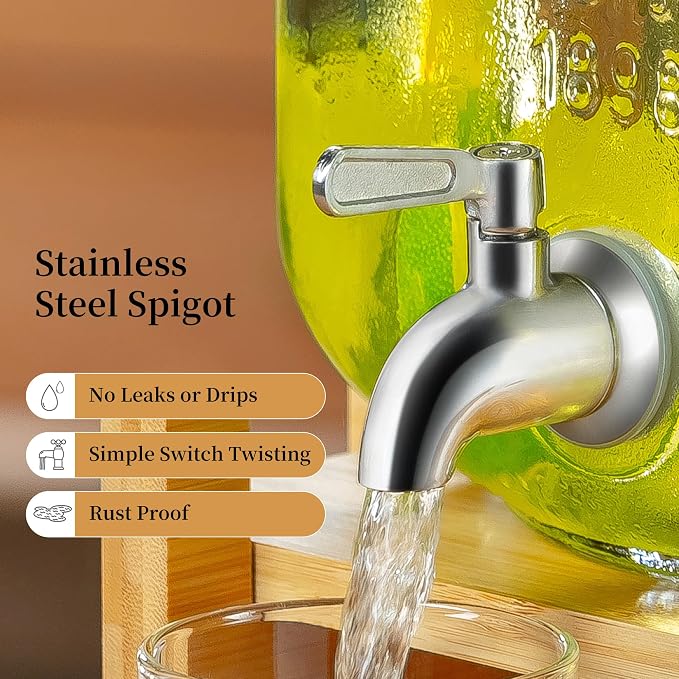 Drink Dispenser with Wood Stand and Lid, 2 Gallon Glass Beverage Dispenser with - Image 3