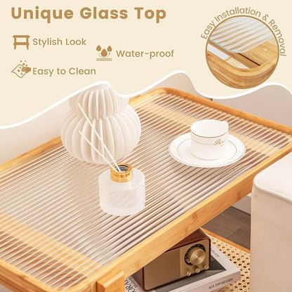 GOFLAME Bamboo Side Table with Glass Top, 2-Tier End Table with PE Rattan - Image 4
