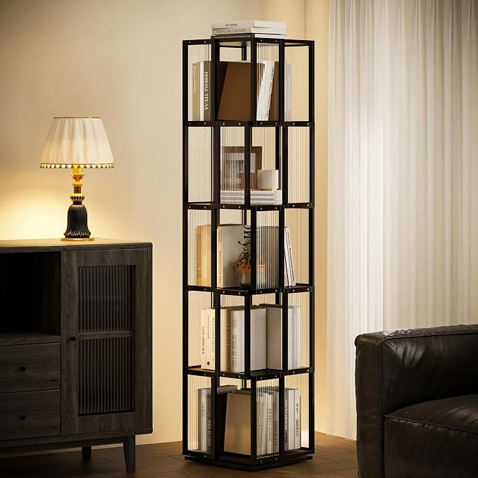 BAMEOS Solid Wood Rotating Bookshelf Tower 5 Tier，360°Storage Spinning Bookcase - Image 2