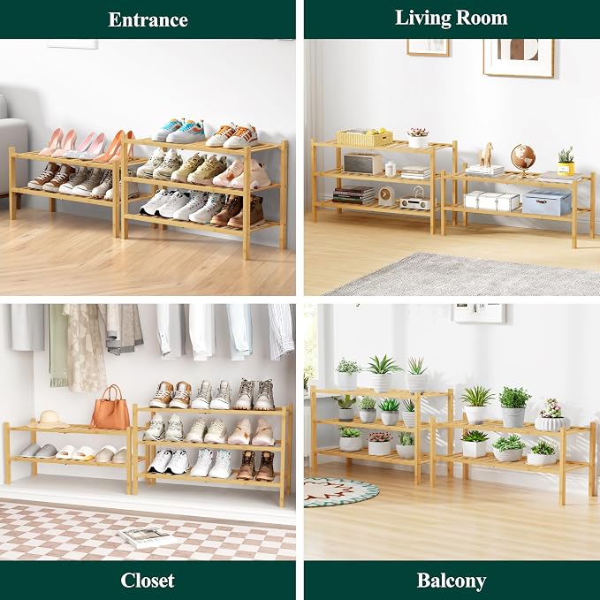 Smiry Bamboo Shoe Rack for Closet, 3 Tier Wooden Stackable Shoe Organizer - Image 6